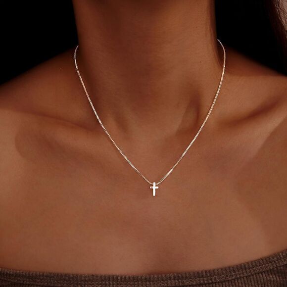 Tiny Cross 925 Sterling Silver Cross Necklace Christian Baptism Dainty Silver - Picture 4 of 5